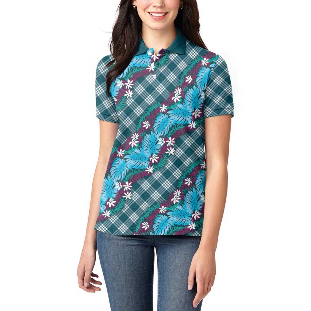 Polynesian Monstera Tiare Floral Women Polo Shirt Dark Teal Tropical Plaid - Polynesian Pride
