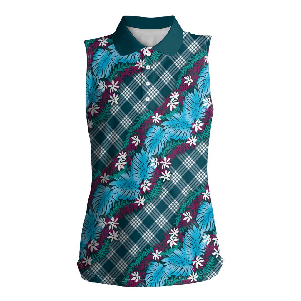 Polynesian Monstera Tiare Floral Women Sleeveless Polo Shirt Dark Teal Tropical Plaid - Polynesian Pride