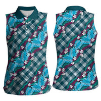 Polynesian Monstera Tiare Floral Women Sleeveless Polo Shirt Dark Teal Tropical Plaid - Polynesian Pride
