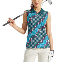 Polynesian Monstera Tiare Floral Women Sleeveless Polo Shirt Dark Teal Tropical Plaid - Polynesian Pride