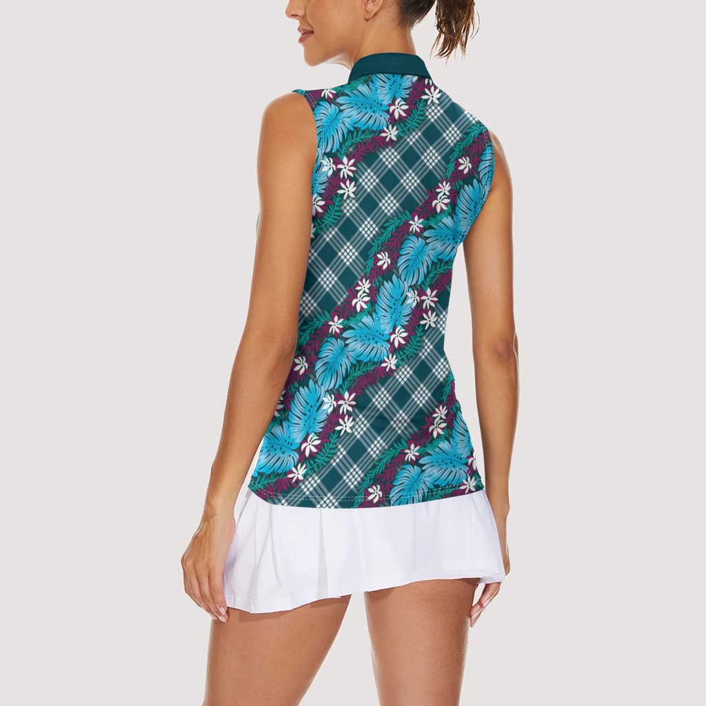 Polynesian Monstera Tiare Floral Women Sleeveless Polo Shirt Dark Teal Tropical Plaid - Polynesian Pride