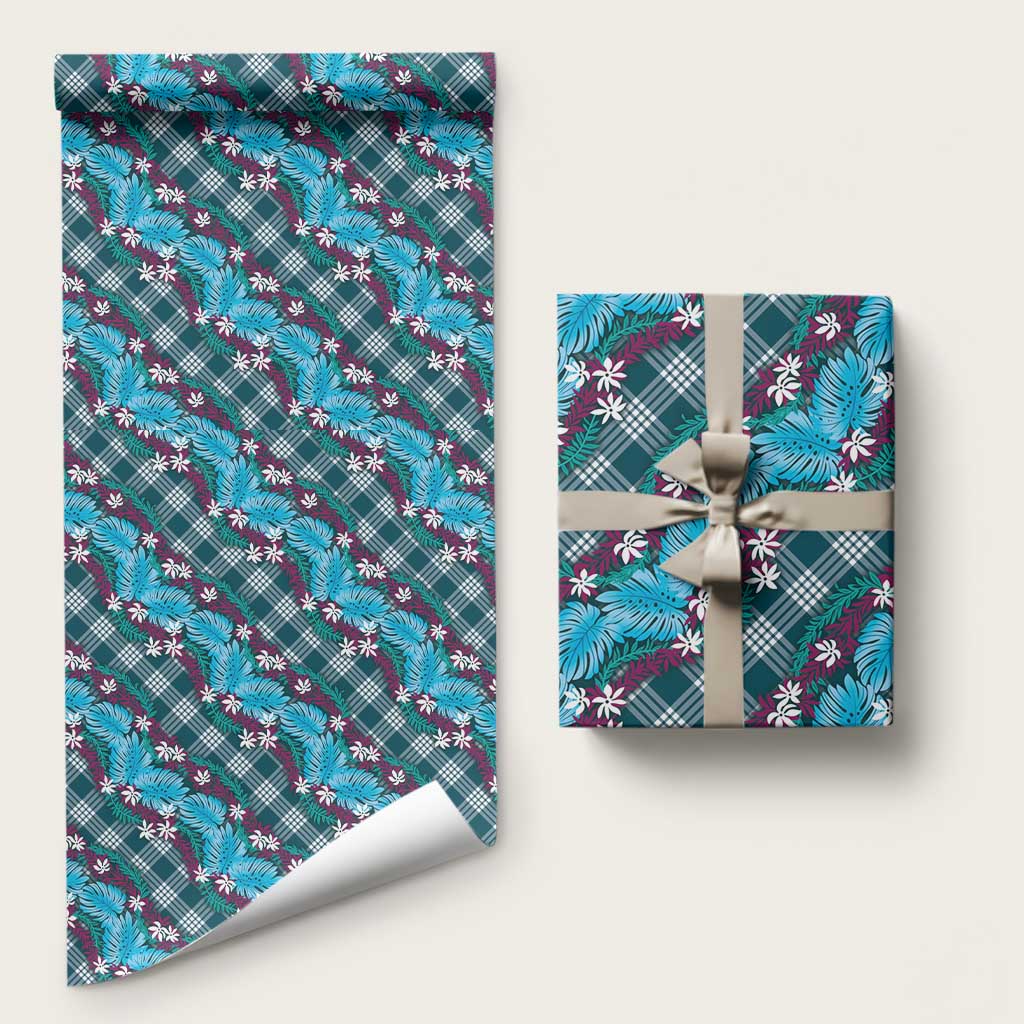 Polynesian Monstera Tiare Floral Wrapping Paper Dark Teal Tropical Plaid - Polynesian Pride