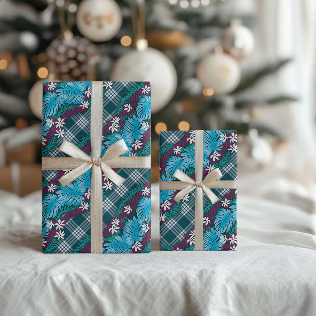 Polynesian Monstera Tiare Floral Wrapping Paper Dark Teal Tropical Plaid - Polynesian Pride