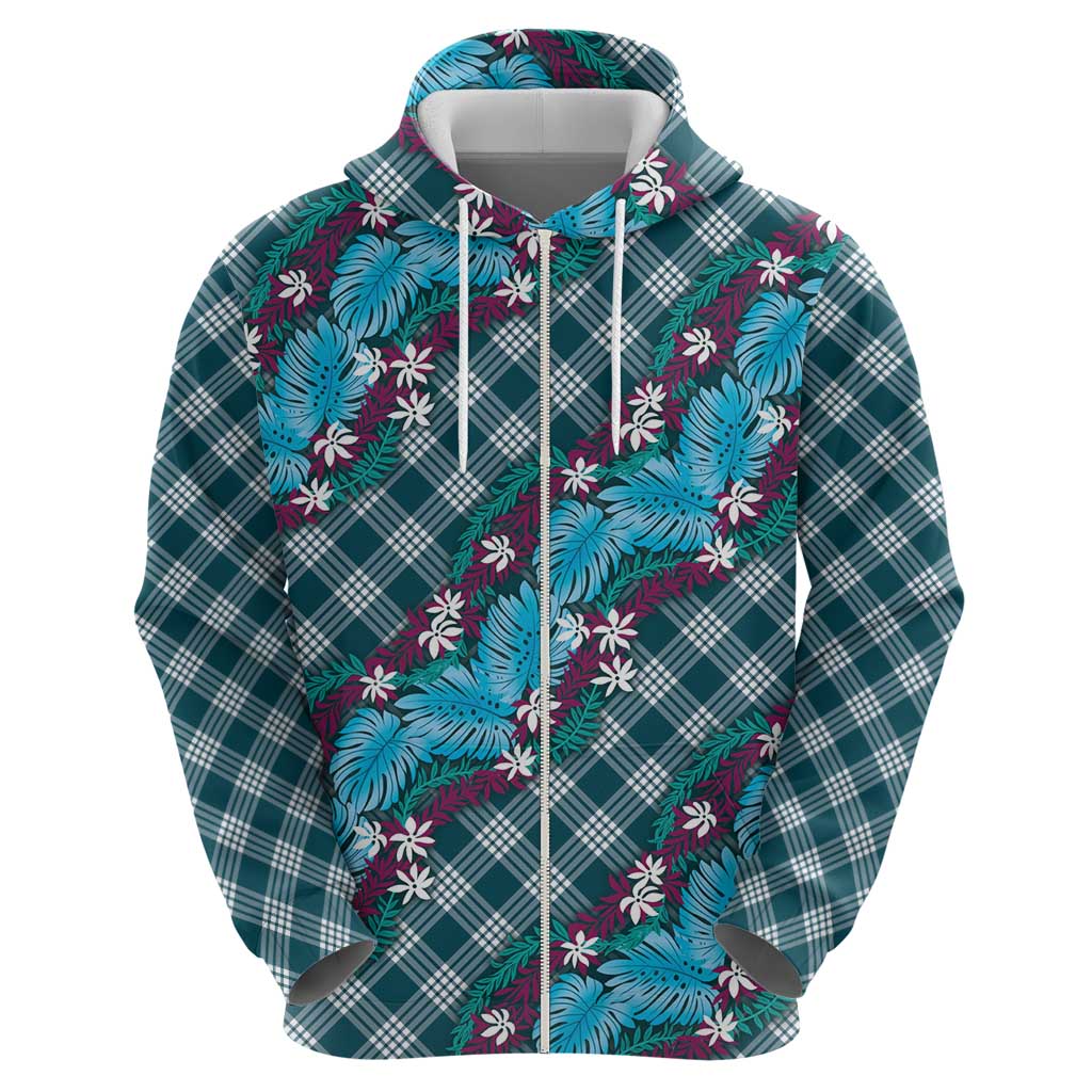 Polynesian Monstera Tiare Floral Zip Hoodie Dark Teal Tropical Plaid - Polynesian Pride