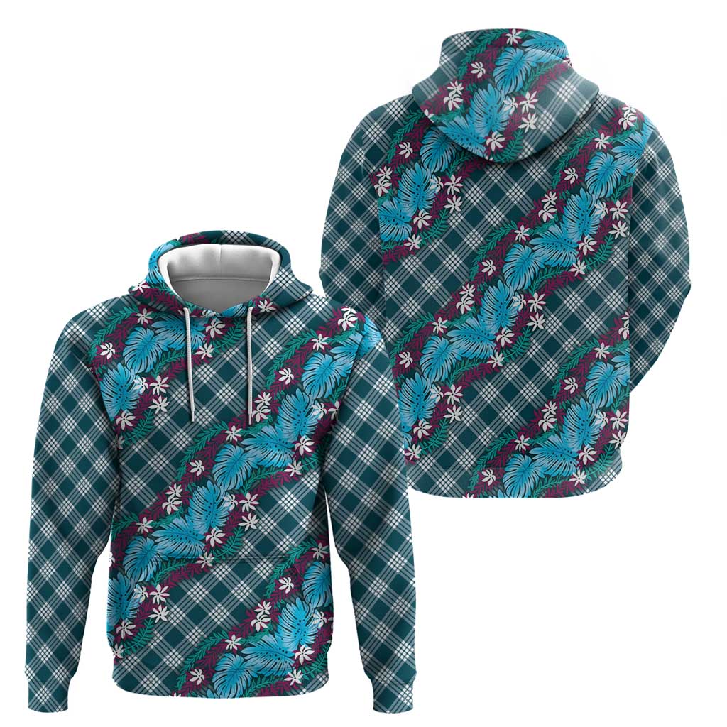 Polynesian Monstera Tiare Floral Zip Hoodie Dark Teal Tropical Plaid - Polynesian Pride