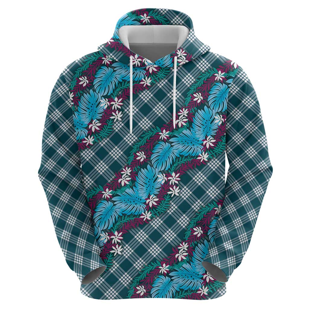 Polynesian Monstera Tiare Floral Zip Hoodie Dark Teal Tropical Plaid - Polynesian Pride