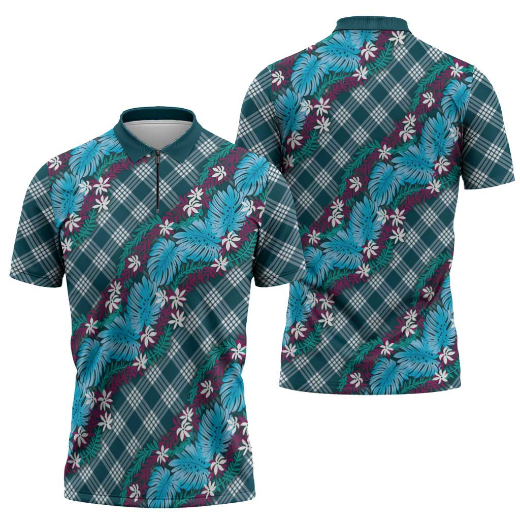 Polynesian Monstera Tiare Floral Zipper Polo Shirt Dark Teal Tropical Plaid - Polynesian Pride