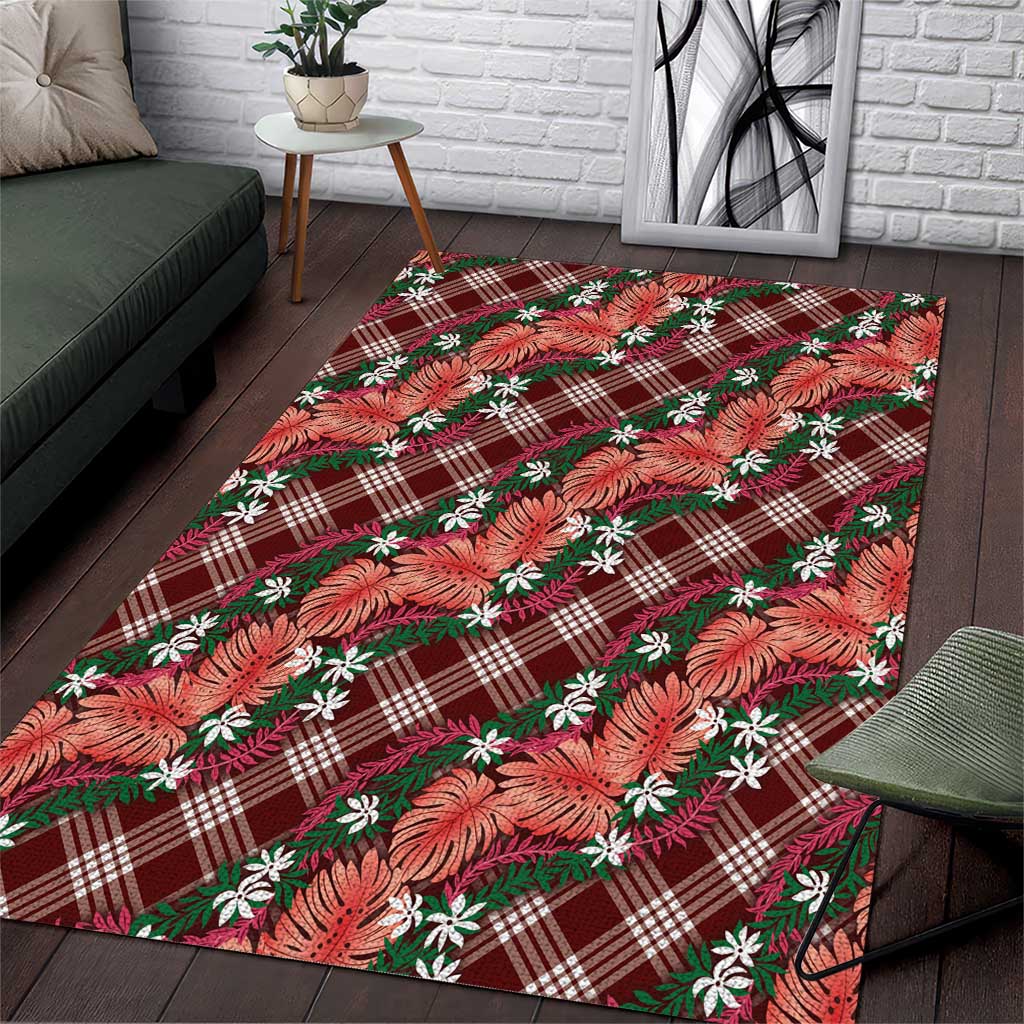Polynesian Monstera Tiare Floral Area Rug Burgundy Tropical Plaid - Polynesian Pride