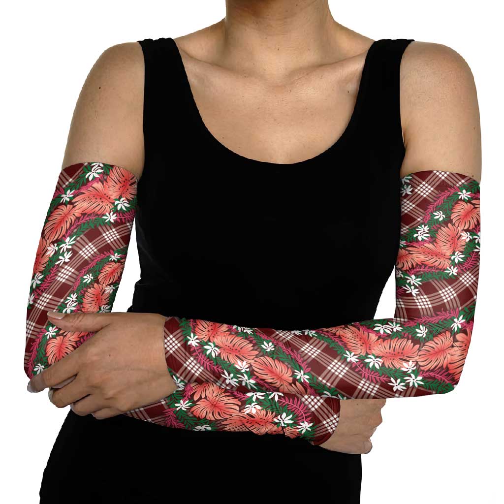 Polynesian Monstera Tiare Floral Arm Sleeves Burgundy Tropical Plaid - Polynesian Pride