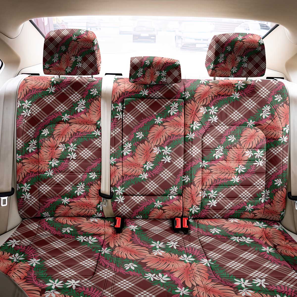 Polynesian Monstera Tiare Floral Back Car Seat Cover Burgundy Tropical Plaid - Polynesian Pride