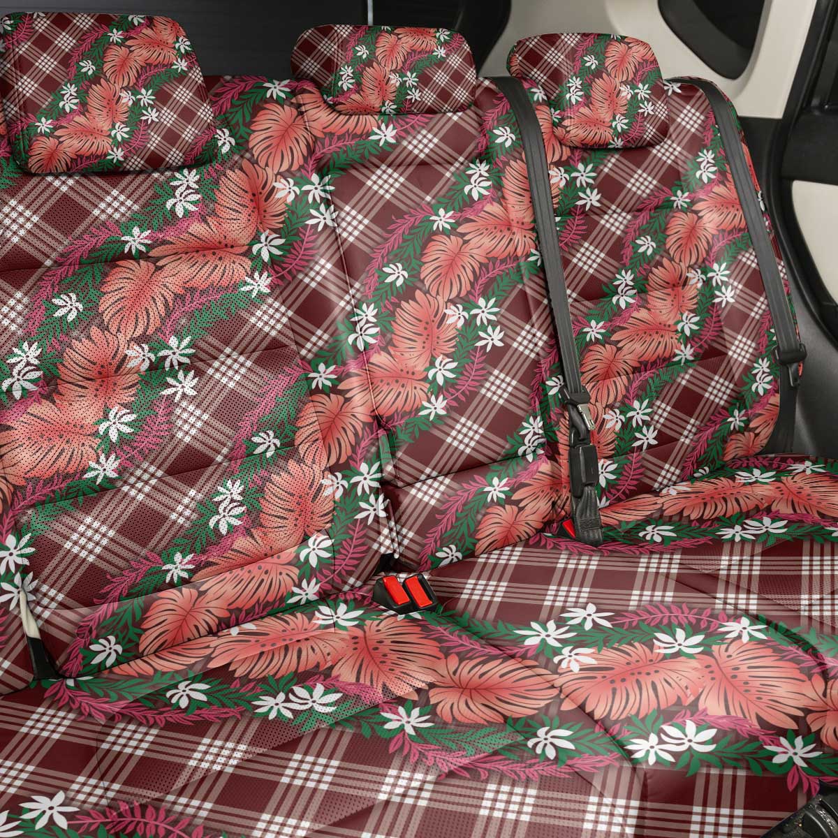Polynesian Monstera Tiare Floral Back Car Seat Cover Burgundy Tropical Plaid - Polynesian Pride