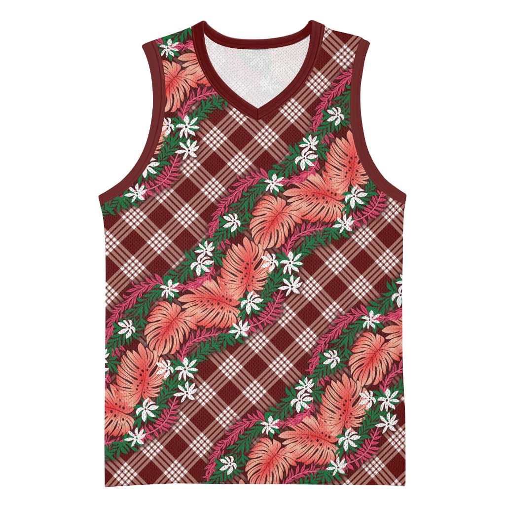 Polynesian Monstera Tiare Floral Basketball Jersey Burgundy Tropical Plaid - Polynesian Pride