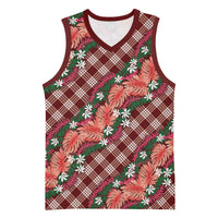 Polynesian Monstera Tiare Floral Basketball Jersey Burgundy Tropical Plaid - Polynesian Pride