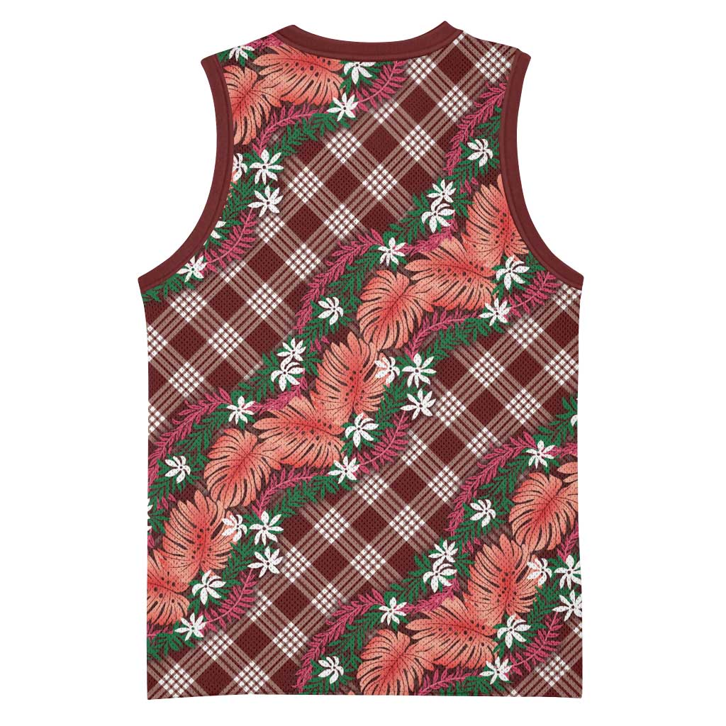 Polynesian Monstera Tiare Floral Basketball Jersey Burgundy Tropical Plaid - Polynesian Pride