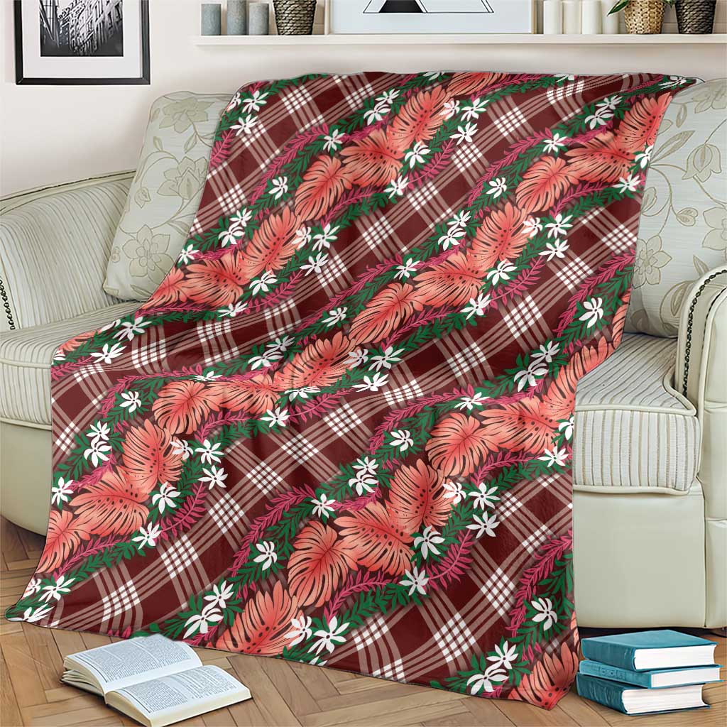 Polynesian Monstera Tiare Floral Blanket Burgundy Tropical Plaid - Polynesian Pride