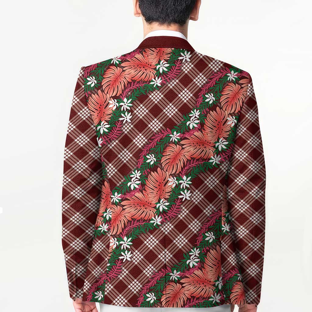 Polynesian Monstera Tiare Floral Blazer Burgundy Tropical Plaid - Polynesian Pride
