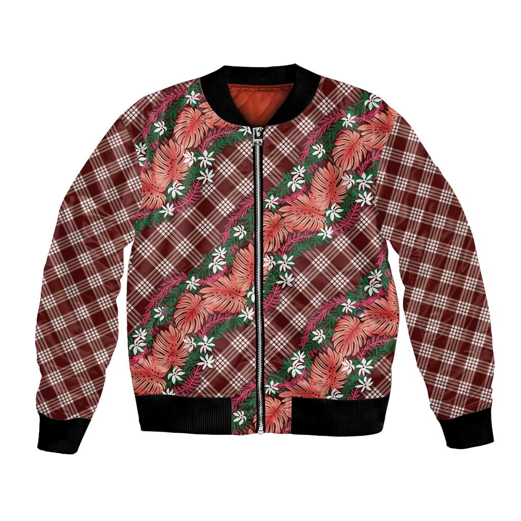 Polynesian Monstera Tiare Floral Bomber Jacket Burgundy Tropical Plaid - Polynesian Pride