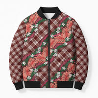 Polynesian Monstera Tiare Floral Bomber Puffer Jacket Burgundy Tropical Plaid - Polynesian Pride