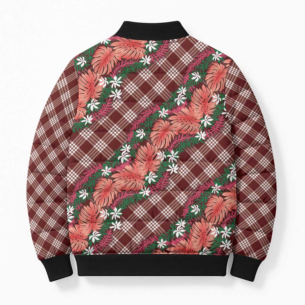 Polynesian Monstera Tiare Floral Bomber Puffer Jacket Burgundy Tropical Plaid - Polynesian Pride