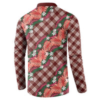 Polynesian Monstera Tiare Floral Button Sweatshirt Burgundy Tropical Plaid - Polynesian Pride