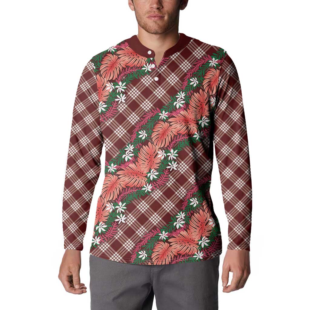 Polynesian Monstera Tiare Floral Button Sweatshirt Burgundy Tropical Plaid - Polynesian Pride