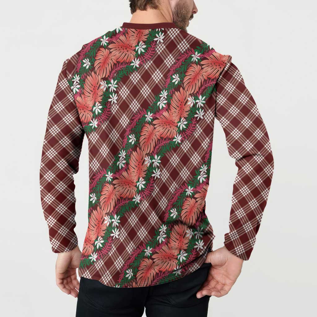 Polynesian Monstera Tiare Floral Button Sweatshirt Burgundy Tropical Plaid - Polynesian Pride