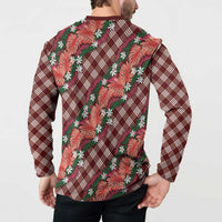 Polynesian Monstera Tiare Floral Button Sweatshirt Burgundy Tropical Plaid - Polynesian Pride