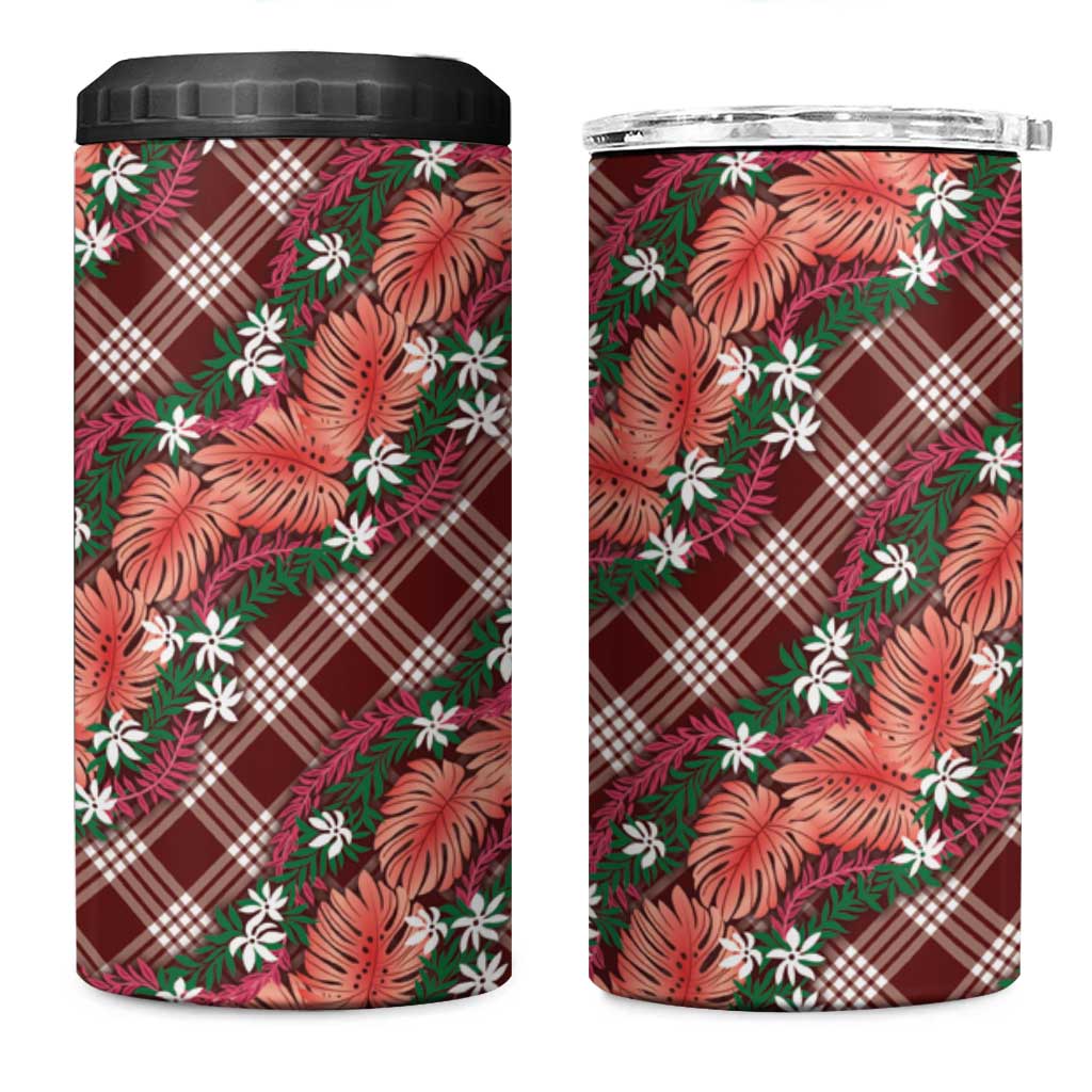 Polynesian Monstera Tiare Floral 4 in 1 Can Cooler Tumbler Burgundy Tropical Plaid - Polynesian Pride