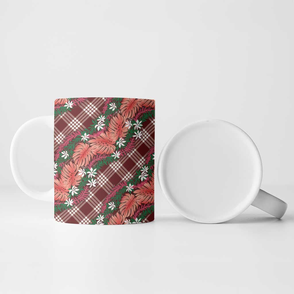 Polynesian Monstera Tiare Floral Ceramic Mug Burgundy Tropical Plaid - Polynesian Pride