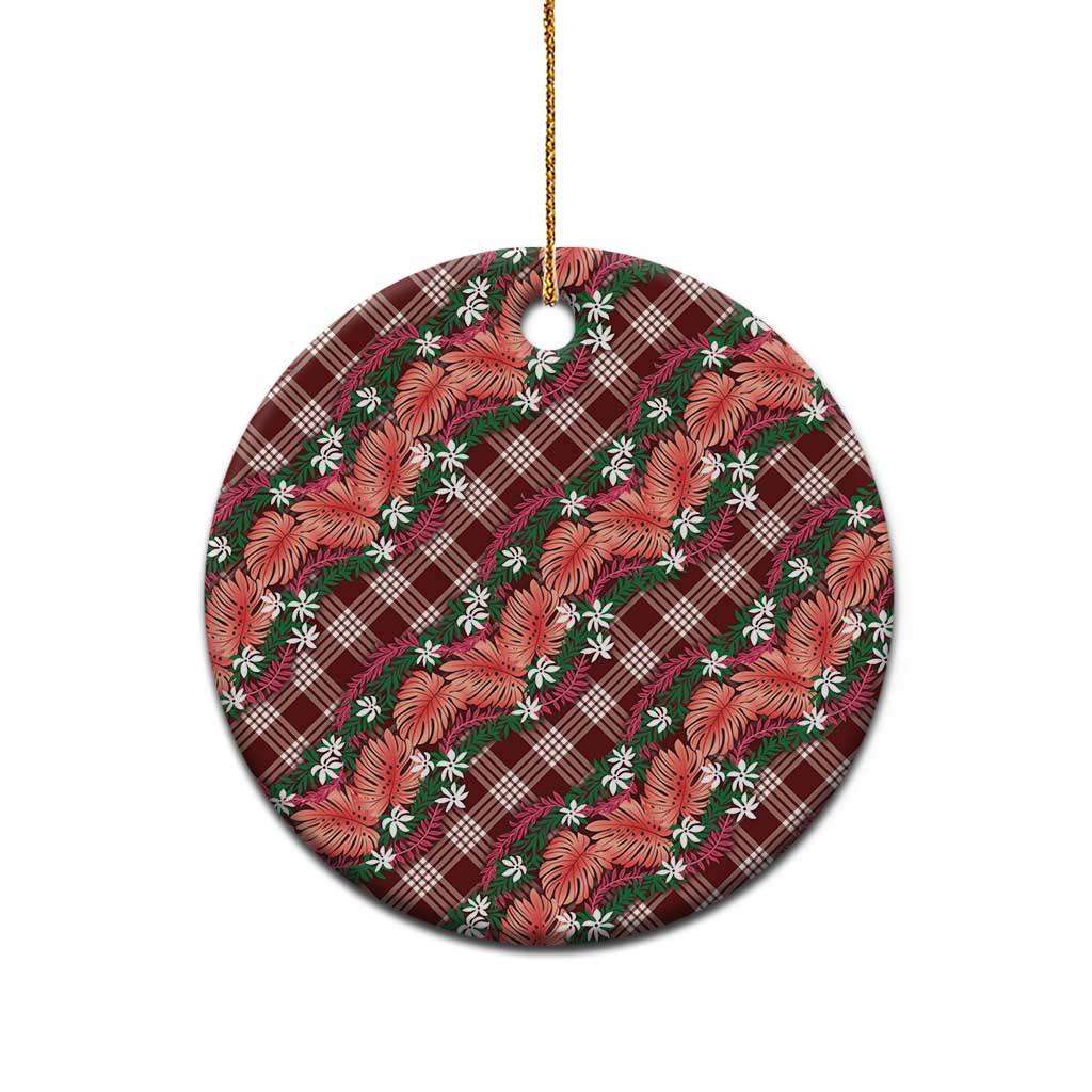 Polynesian Monstera Tiare Floral Ceramic Ornament Burgundy Tropical Plaid - Polynesian Pride