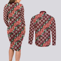 Polynesian Monstera Tiare Floral Couples Matching Long Sleeve Bodycon Dress and Long Sleeve Button Shirt Burgundy Tropical Plaid - Polynesian Pride