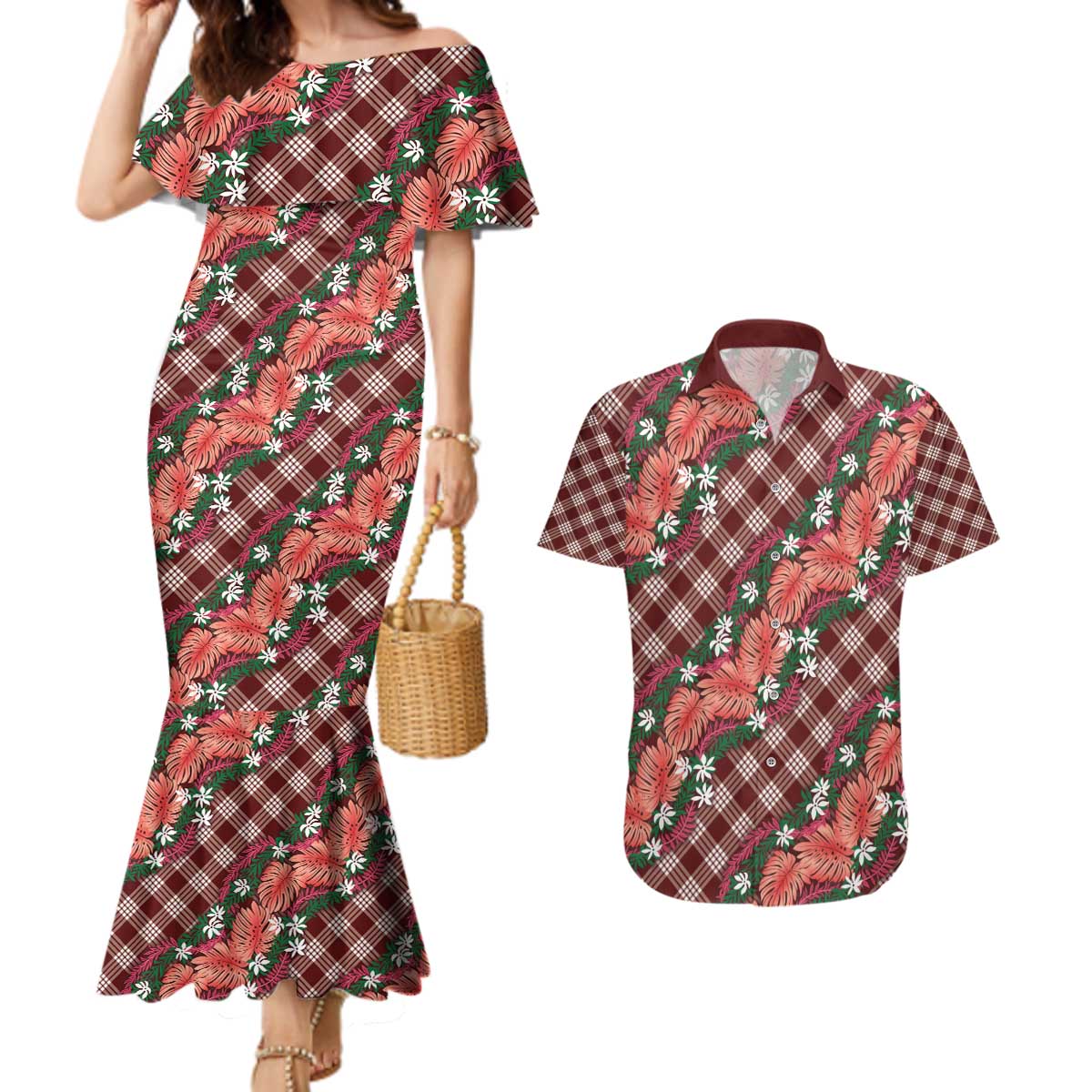 Polynesian Monstera Tiare Floral Couples Matching Mermaid Dress and Hawaiian Shirt Burgundy Tropical Plaid - Polynesian Pride