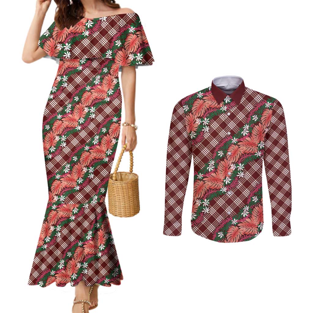Polynesian Monstera Tiare Floral Couples Matching Mermaid Dress and Long Sleeve Button Shirt Burgundy Tropical Plaid - Polynesian Pride