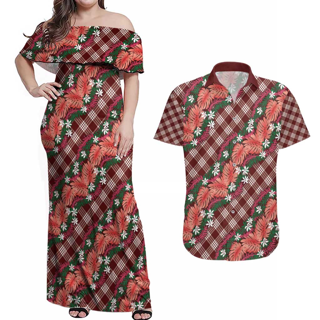 Polynesian Monstera Tiare Floral Couples Matching Off Shoulder Maxi Dress and Hawaiian Shirt Burgundy Tropical Plaid - Polynesian Pride