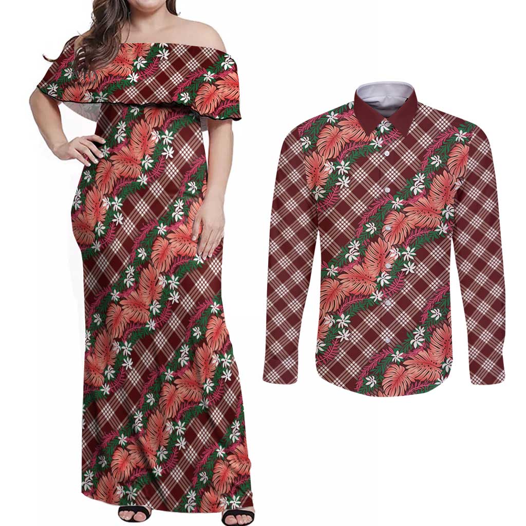 Polynesian Monstera Tiare Floral Couples Matching Off Shoulder Maxi Dress and Long Sleeve Button Shirt Burgundy Tropical Plaid - Polynesian Pride