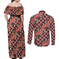 Polynesian Monstera Tiare Floral Couples Matching Off Shoulder Maxi Dress and Long Sleeve Button Shirt Burgundy Tropical Plaid - Polynesian Pride