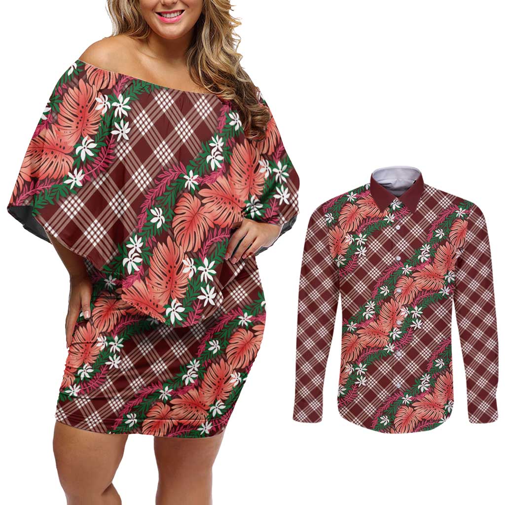 Polynesian Monstera Tiare Floral Couples Matching Off Shoulder Short Dress and Long Sleeve Button Shirt Burgundy Tropical Plaid - Polynesian Pride
