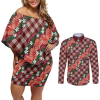 Polynesian Monstera Tiare Floral Couples Matching Off Shoulder Short Dress and Long Sleeve Button Shirt Burgundy Tropical Plaid - Polynesian Pride