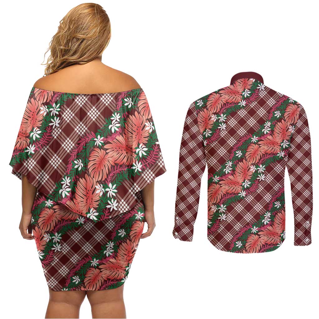 Polynesian Monstera Tiare Floral Couples Matching Off Shoulder Short Dress and Long Sleeve Button Shirt Burgundy Tropical Plaid - Polynesian Pride