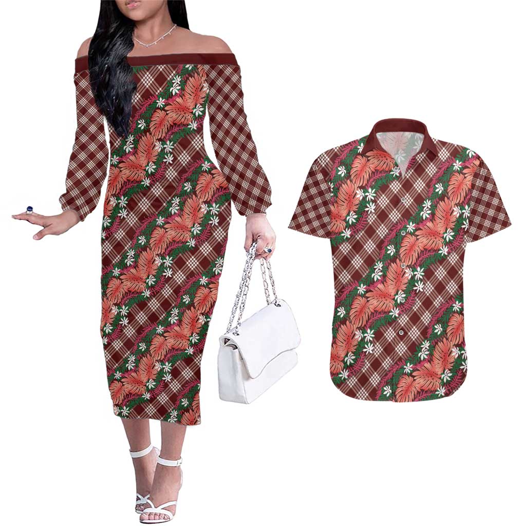 Polynesian Monstera Tiare Floral Couples Matching Off The Shoulder Long Sleeve Dress and Hawaiian Shirt Burgundy Tropical Plaid - Polynesian Pride