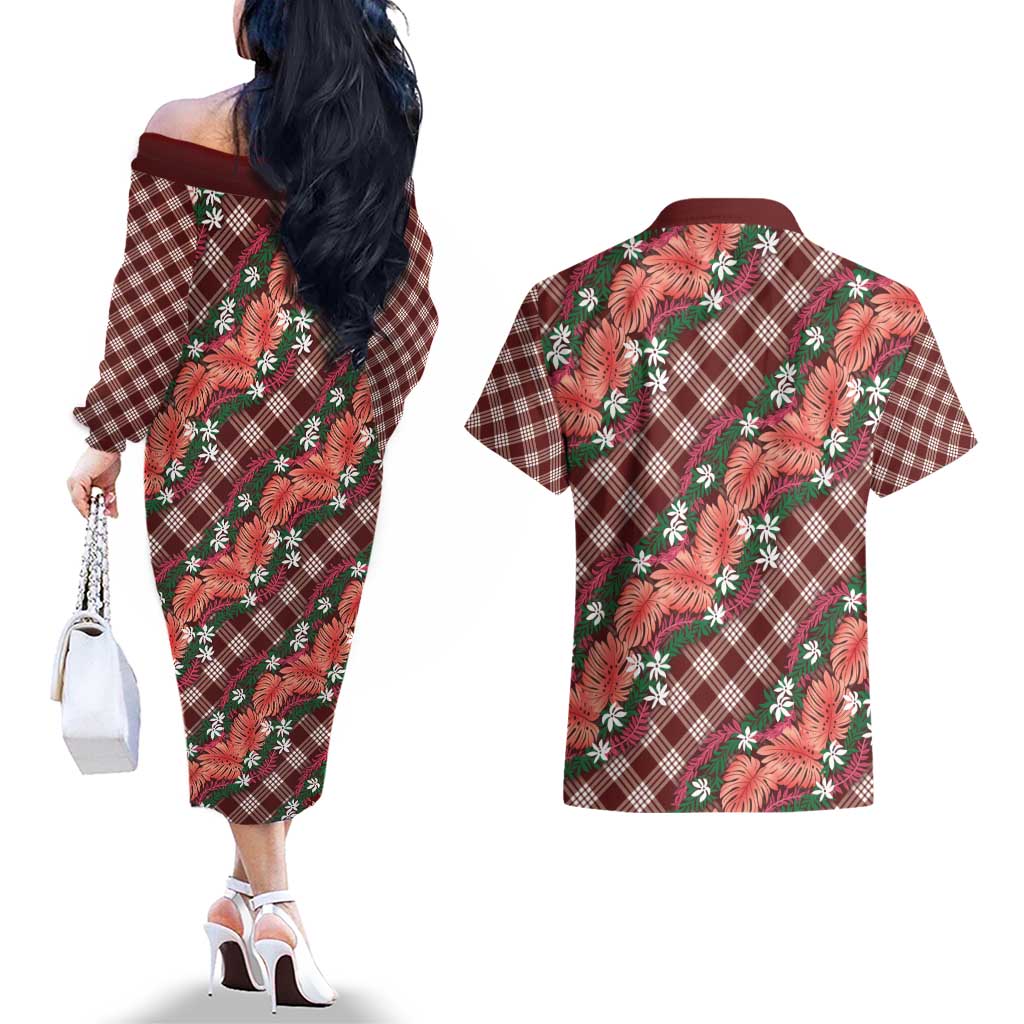 Polynesian Monstera Tiare Floral Couples Matching Off The Shoulder Long Sleeve Dress and Hawaiian Shirt Burgundy Tropical Plaid - Polynesian Pride