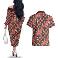 Polynesian Monstera Tiare Floral Couples Matching Off The Shoulder Long Sleeve Dress and Hawaiian Shirt Burgundy Tropical Plaid - Polynesian Pride