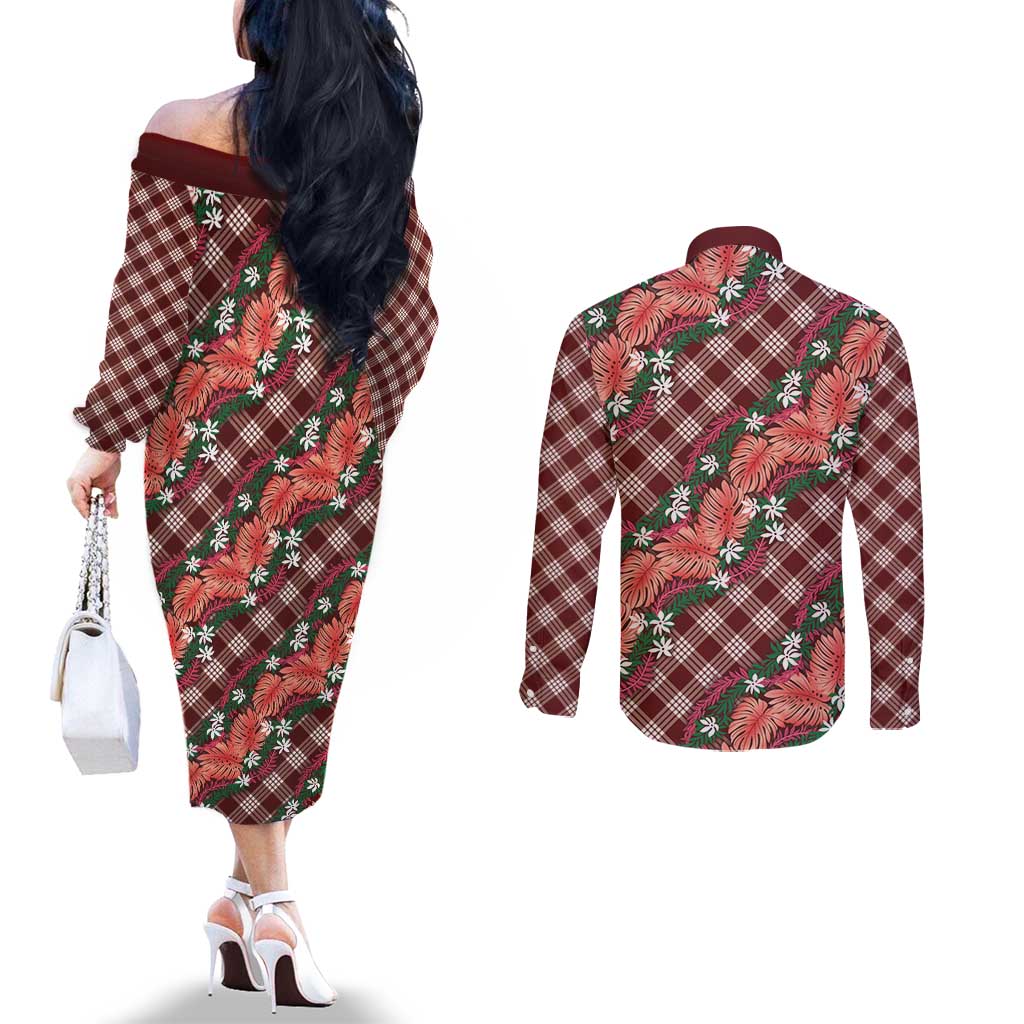 Polynesian Monstera Tiare Floral Couples Matching Off The Shoulder Long Sleeve Dress and Long Sleeve Button Shirt Burgundy Tropical Plaid - Polynesian Pride