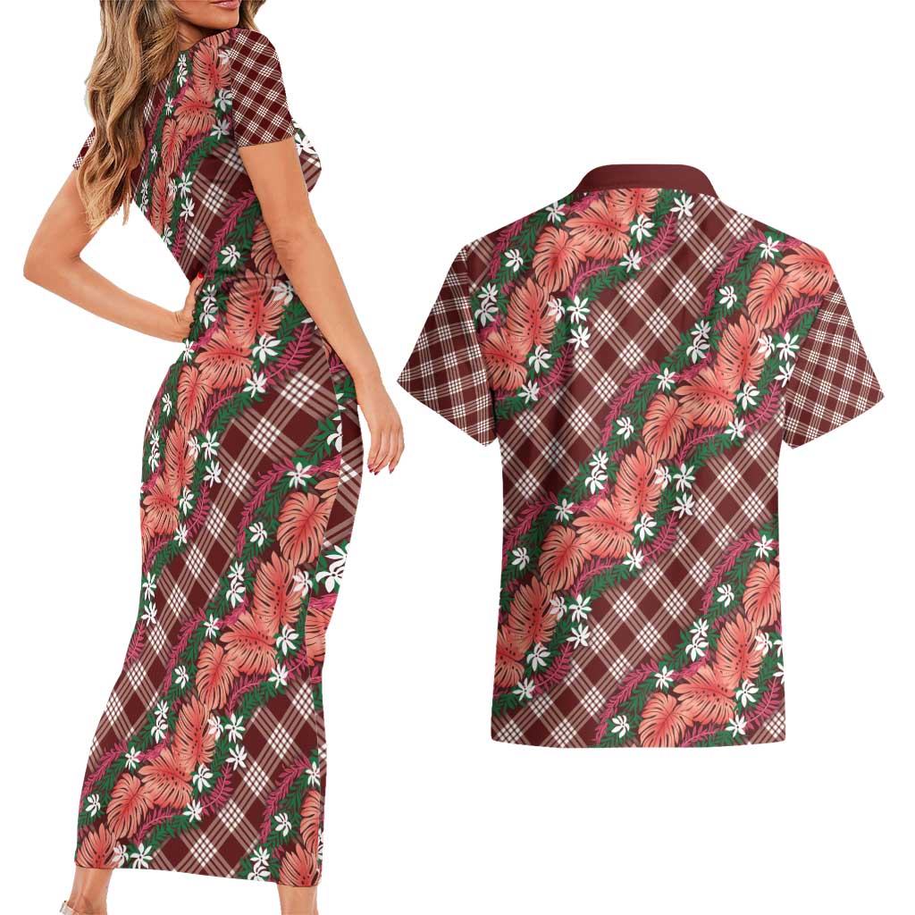 Polynesian Monstera Tiare Floral Couples Matching Short Sleeve Bodycon Dress and Hawaiian Shirt Burgundy Tropical Plaid - Polynesian Pride