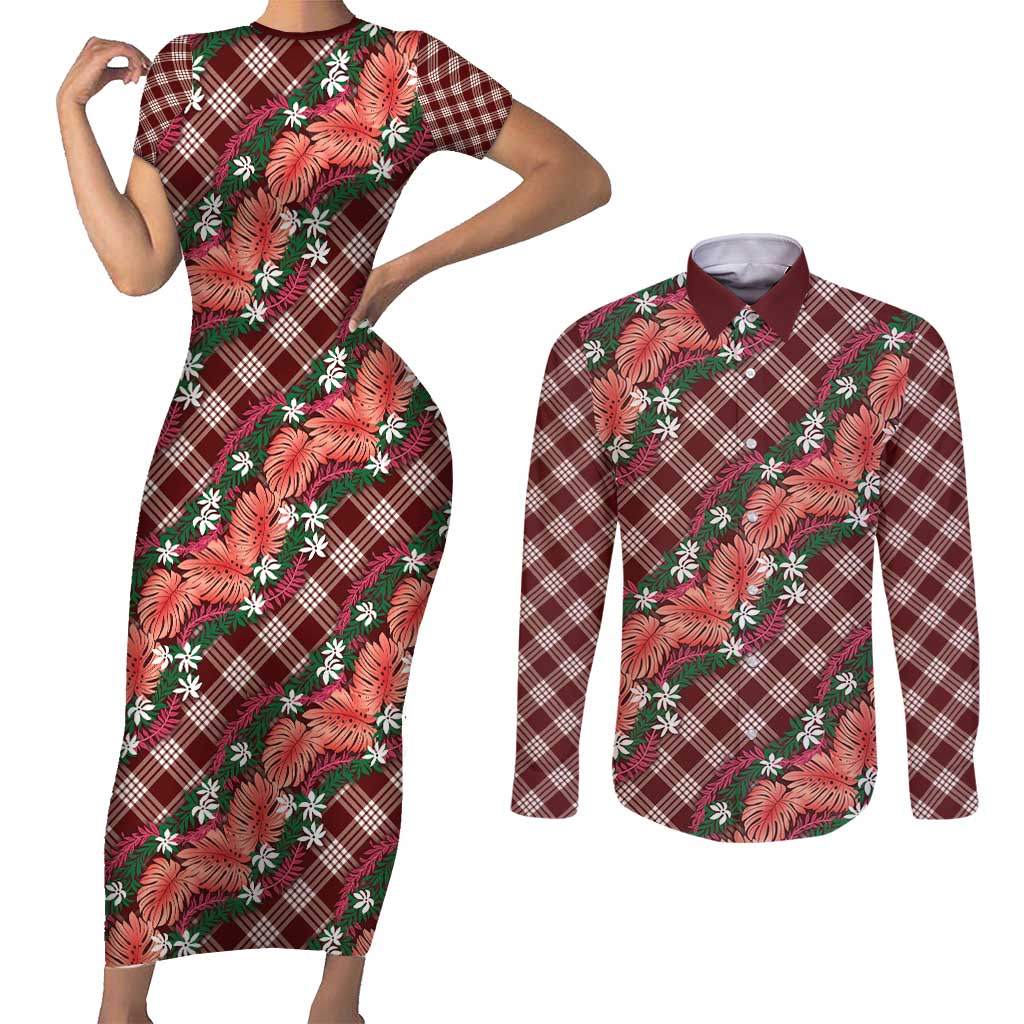 Polynesian Monstera Tiare Floral Couples Matching Short Sleeve Bodycon Dress and Long Sleeve Button Shirt Burgundy Tropical Plaid - Polynesian Pride