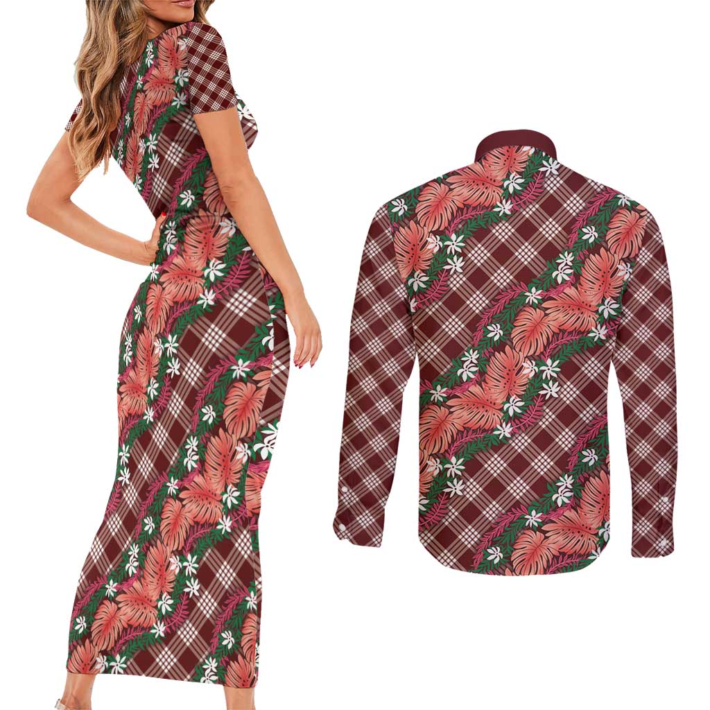 Polynesian Monstera Tiare Floral Couples Matching Short Sleeve Bodycon Dress and Long Sleeve Button Shirt Burgundy Tropical Plaid - Polynesian Pride