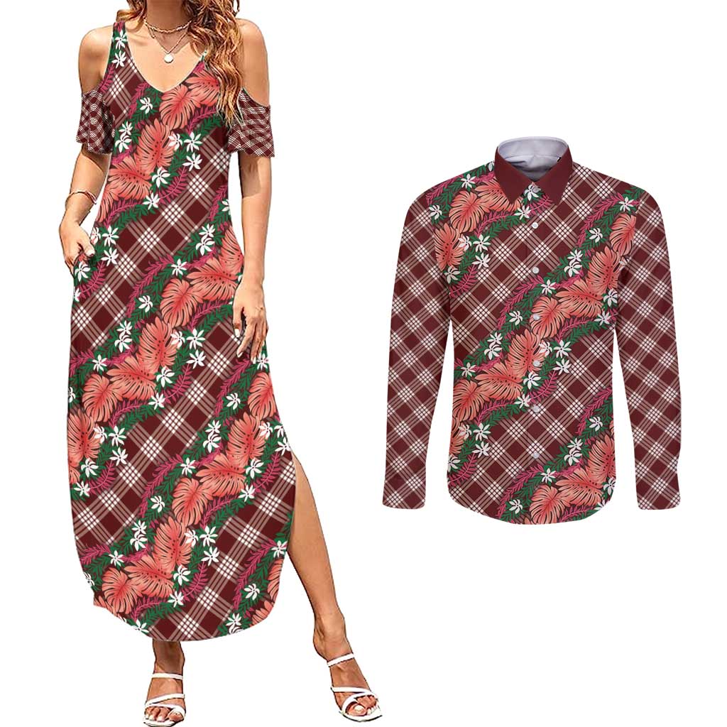 Polynesian Monstera Tiare Floral Couples Matching Summer Maxi Dress and Long Sleeve Button Shirt Burgundy Tropical Plaid - Polynesian Pride