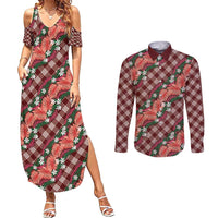 Polynesian Monstera Tiare Floral Couples Matching Summer Maxi Dress and Long Sleeve Button Shirt Burgundy Tropical Plaid - Polynesian Pride
