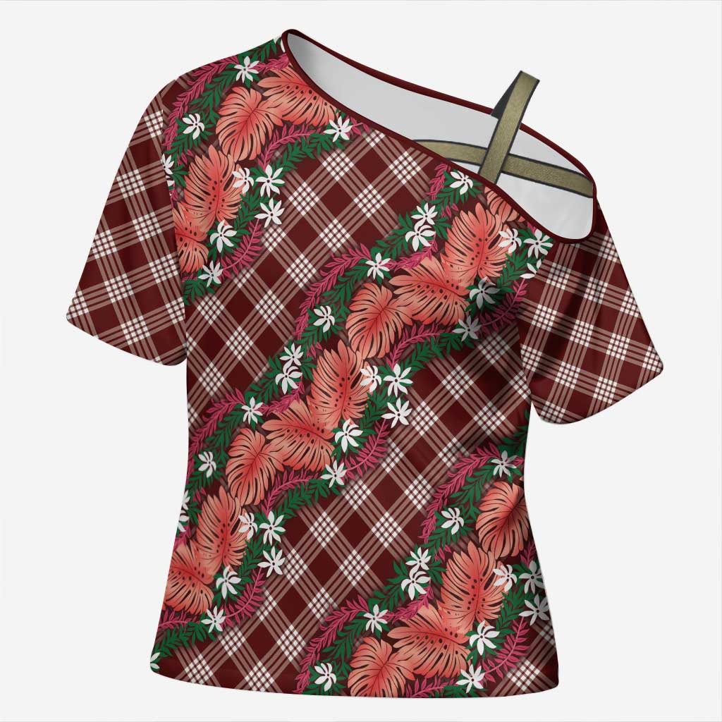 Polynesian Monstera Tiare Floral Cross Shoulder Shirt Burgundy Tropical Plaid - Polynesian Pride