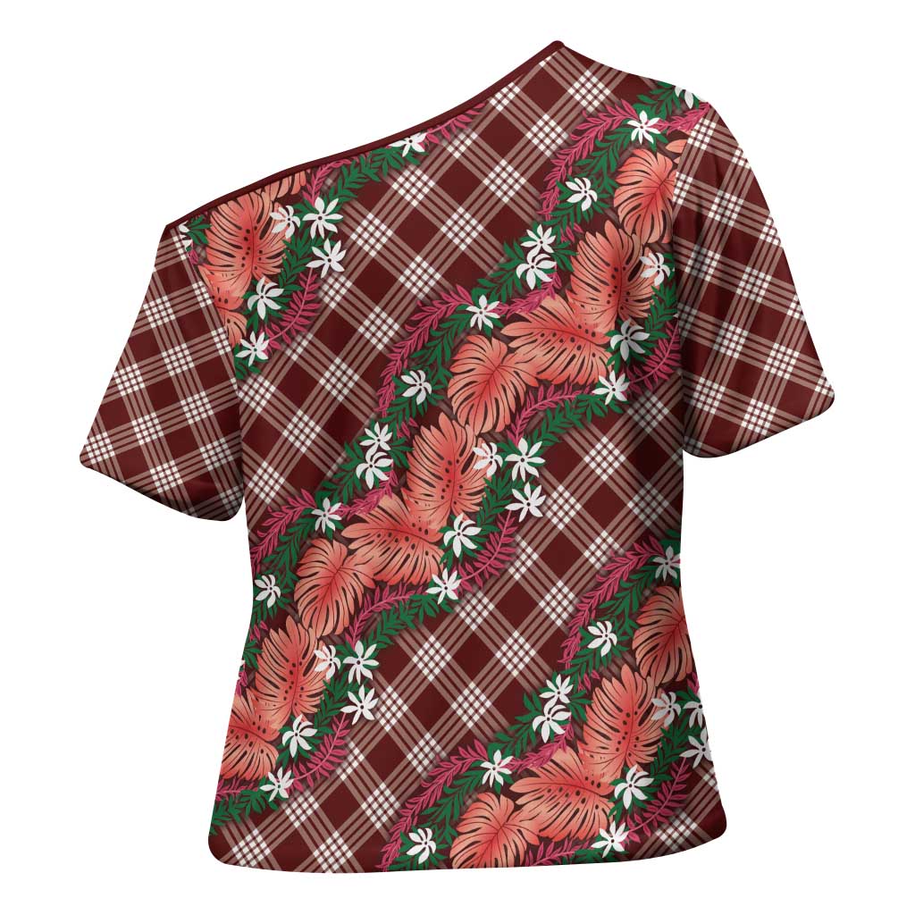 Polynesian Monstera Tiare Floral Cross Shoulder Shirt Burgundy Tropical Plaid - Polynesian Pride